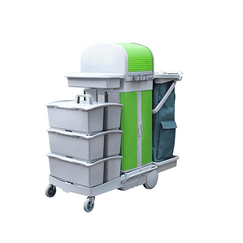 趟門儲物箱+卷簾（lián）頂蓋平拖清潔服務手推車帶製動裝置 STB R153G